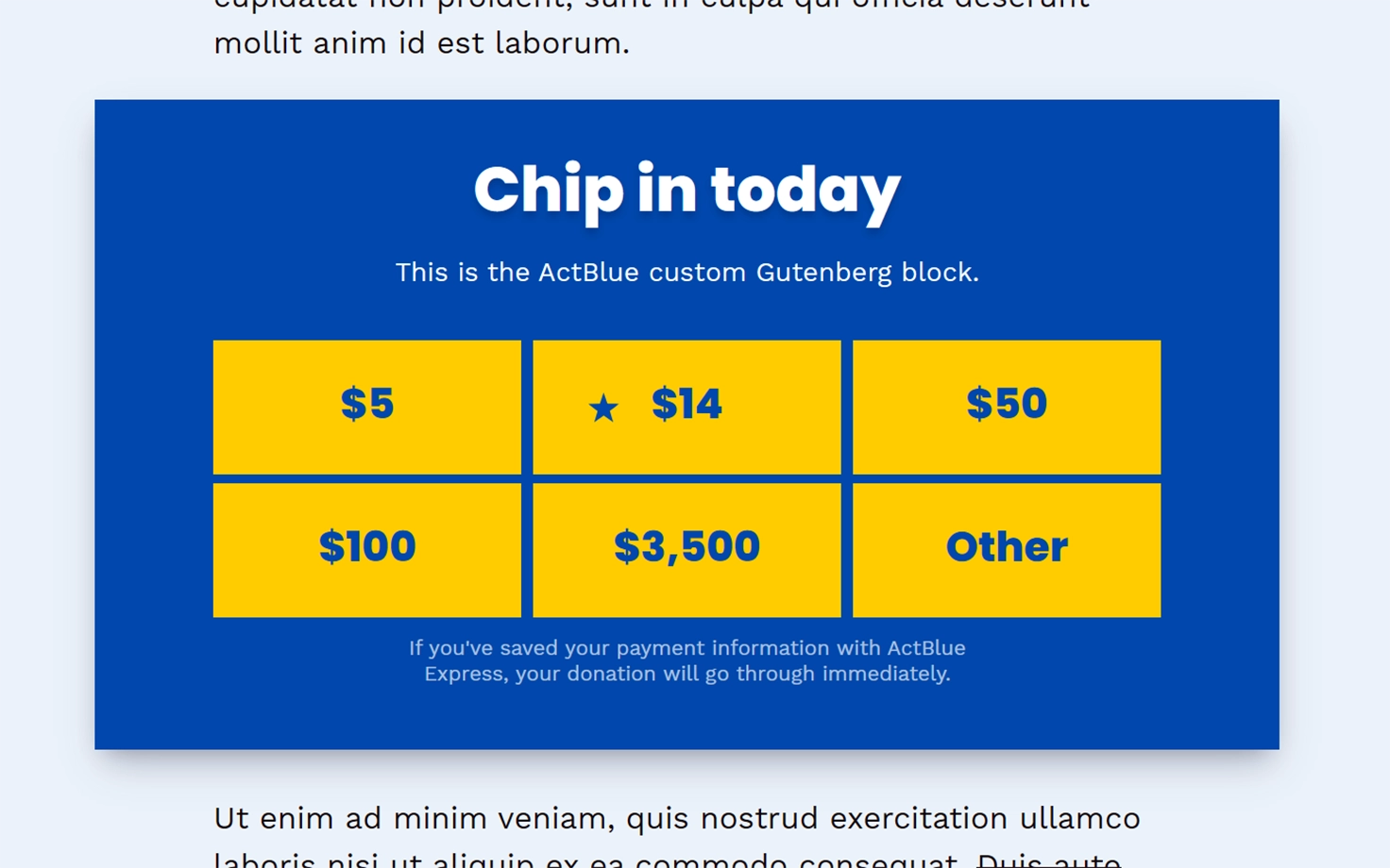 Screenshot of the ActBlue custom Gutenberg block