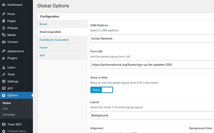 Screenshot of the integration of Action Network for email acquisition