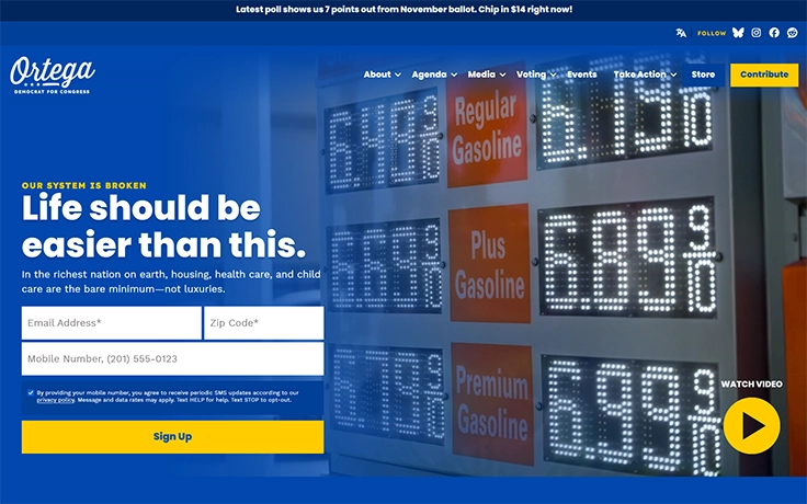 Screenshot of the featured section with a background video and a play button for a YouTube in a lightbox